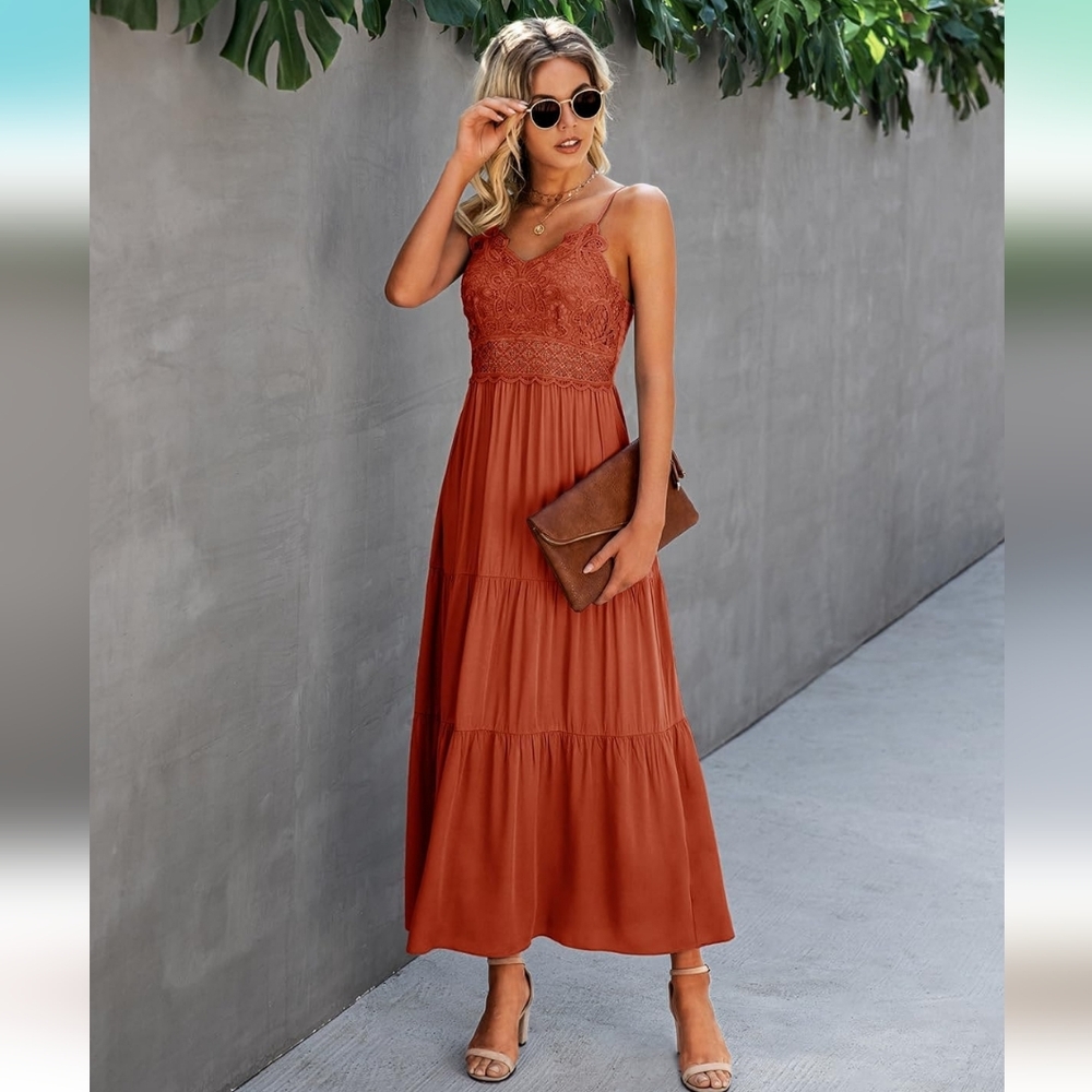 Dokuritu Women's Beach Crochet Lace Maxi Dress, L, orange